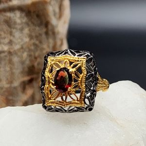 Silver Ring 925/Black Rhodium/14K Gold Plated Natural Red Garnet Gemstone